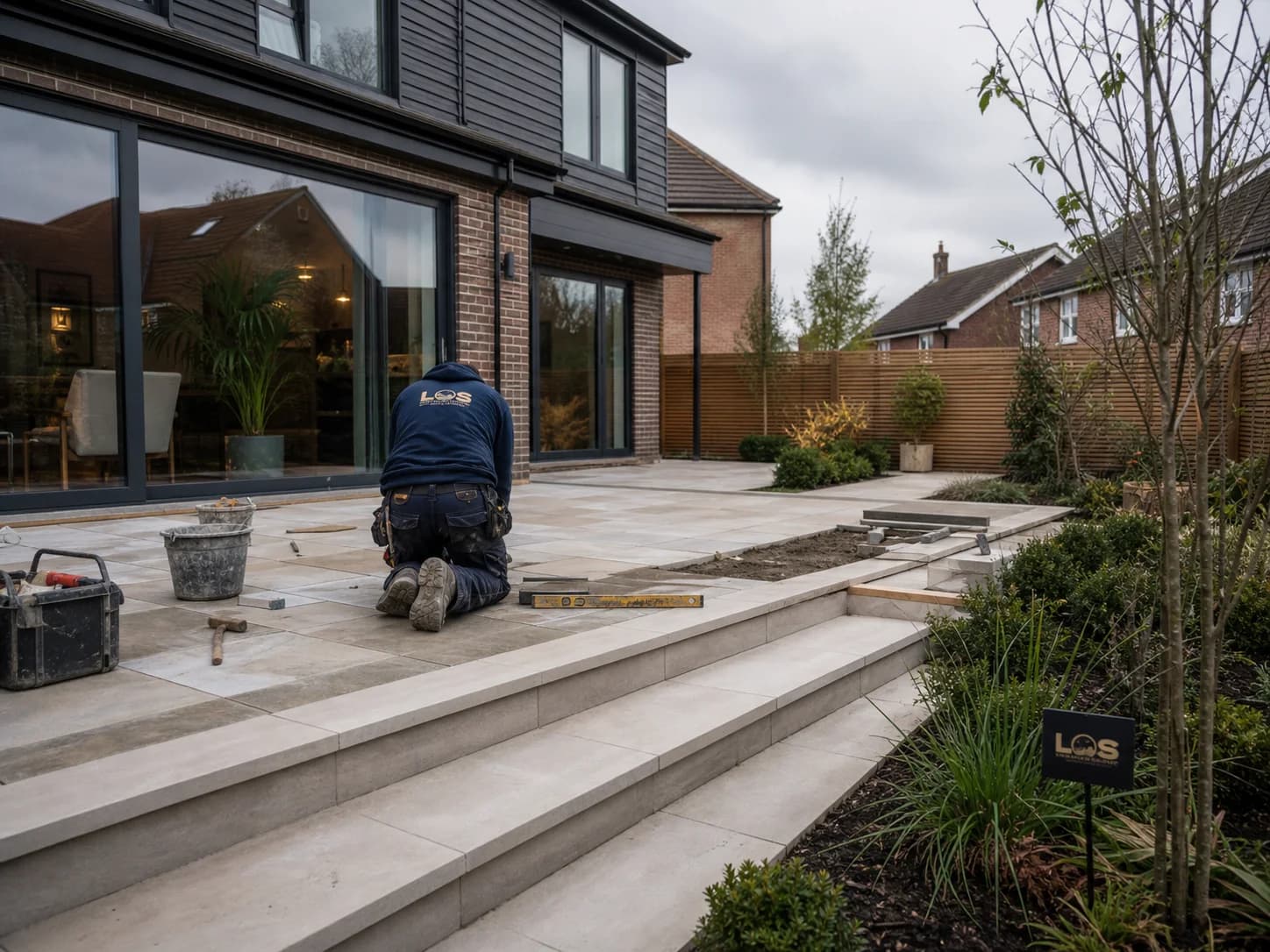 Editorial concept of a landscaped stone patio being completed at a contemporary Chelmsford home