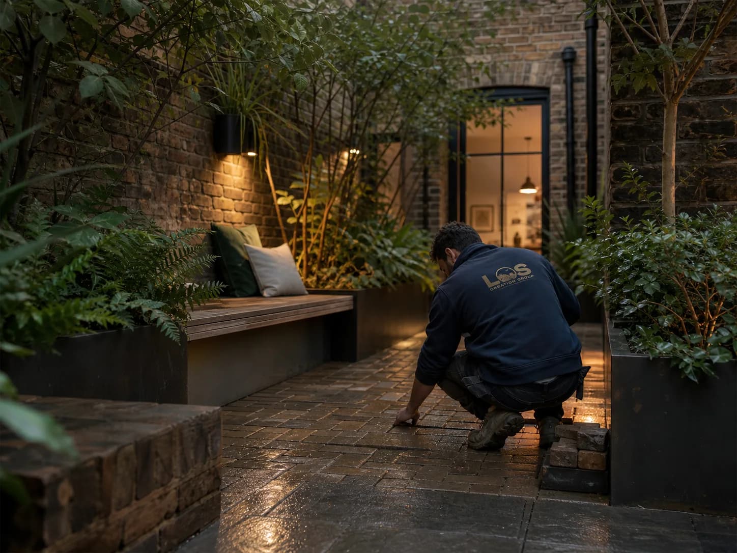 Editorial concept of a compact architectural courtyard being landscaped in Hackney