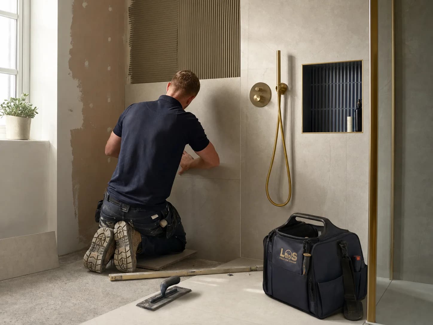 Editorial concept of a refined bathroom renovation in progress at a Harlow family home