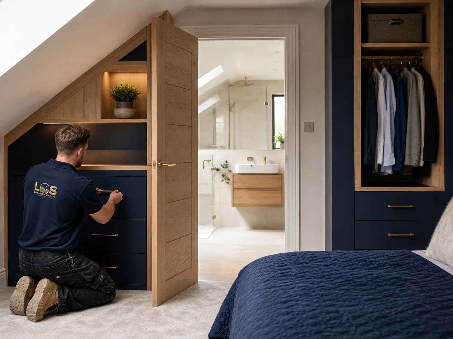 Editorial concept of a premium loft suite and ensuite being completed in Upminster