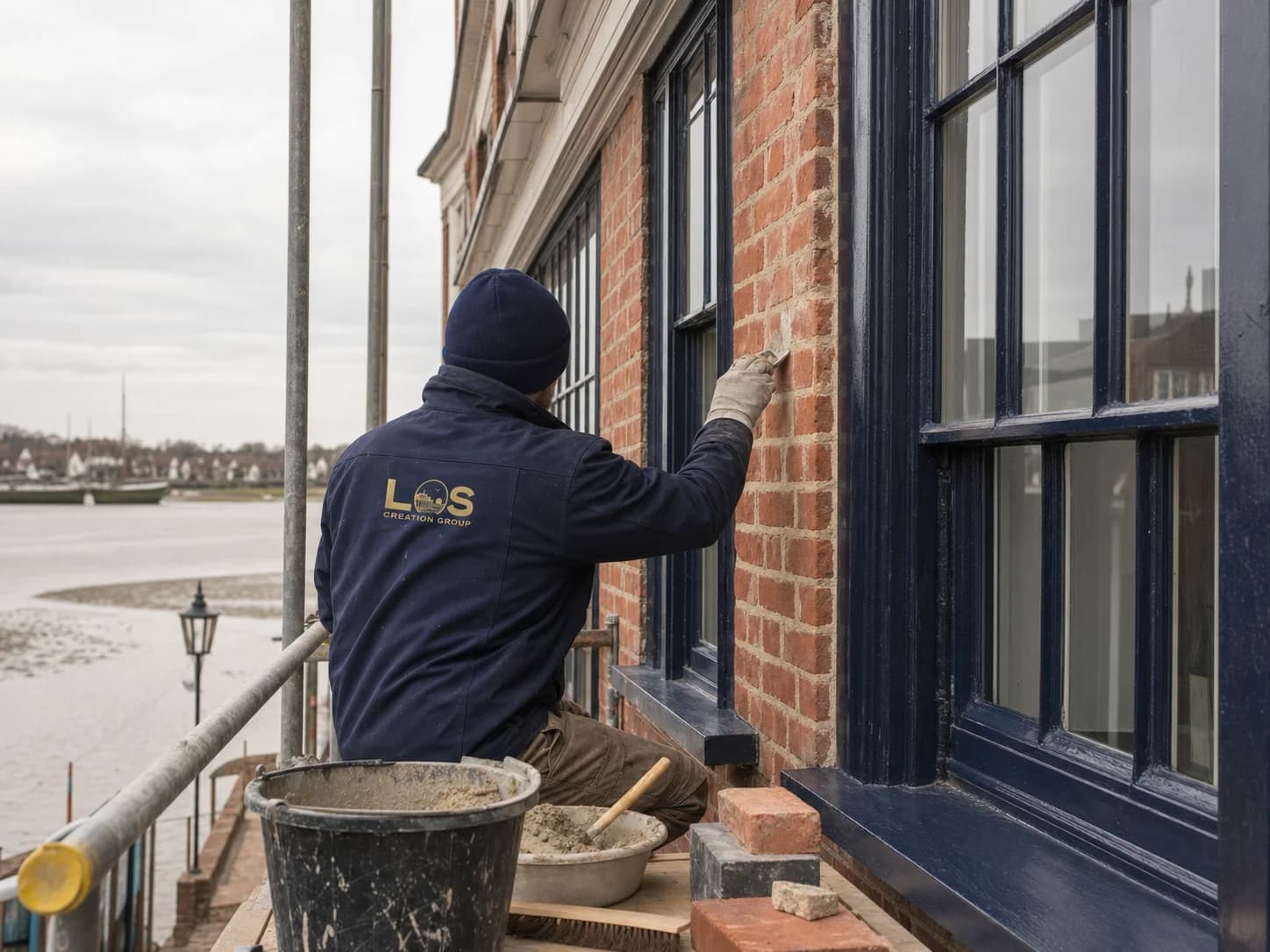 Editorial concept of conservation-sensitive exterior work at a historic Maldon property