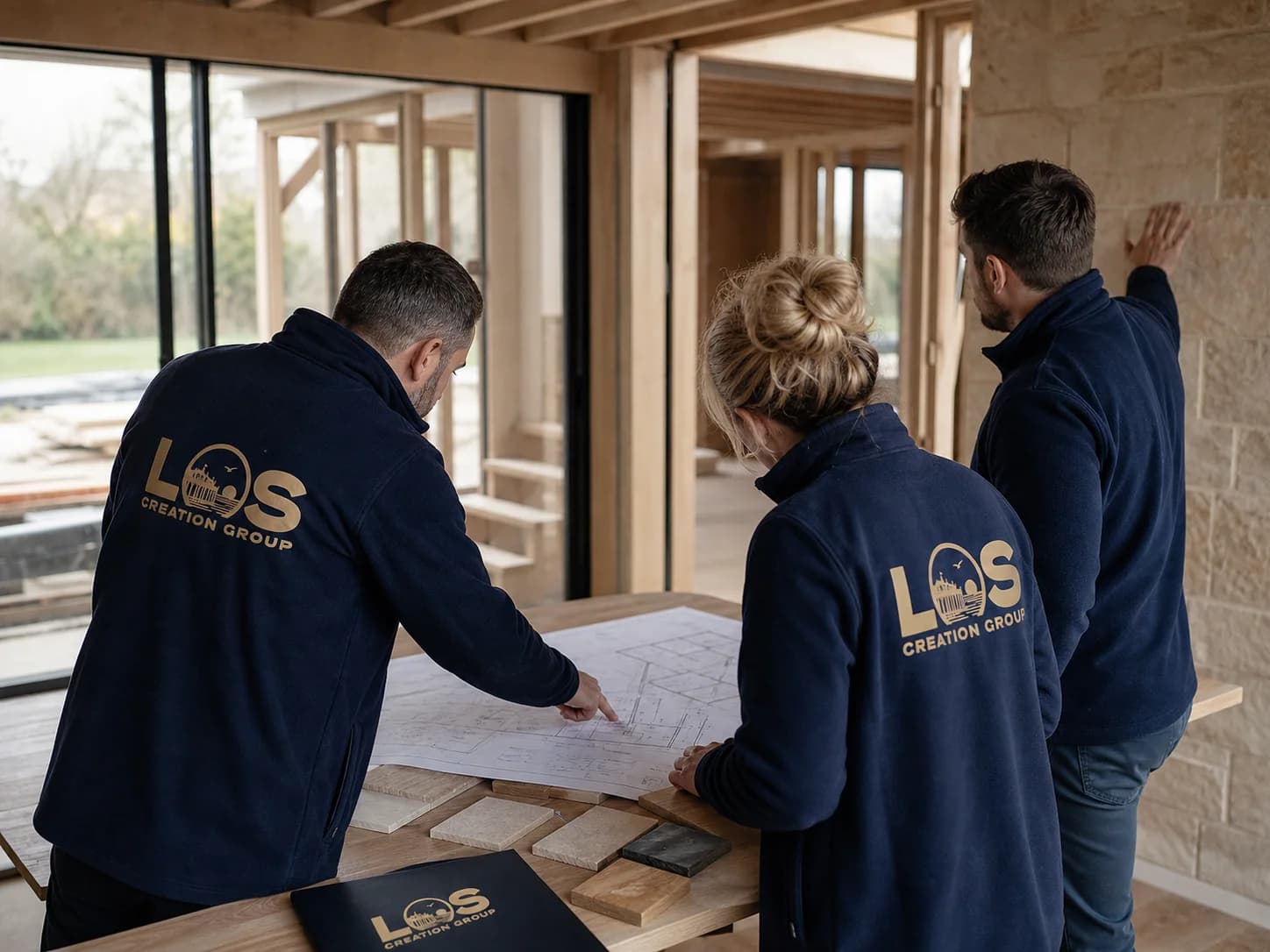 Editorial concept of a construction team reviewing drawings and materials at a British renovation site