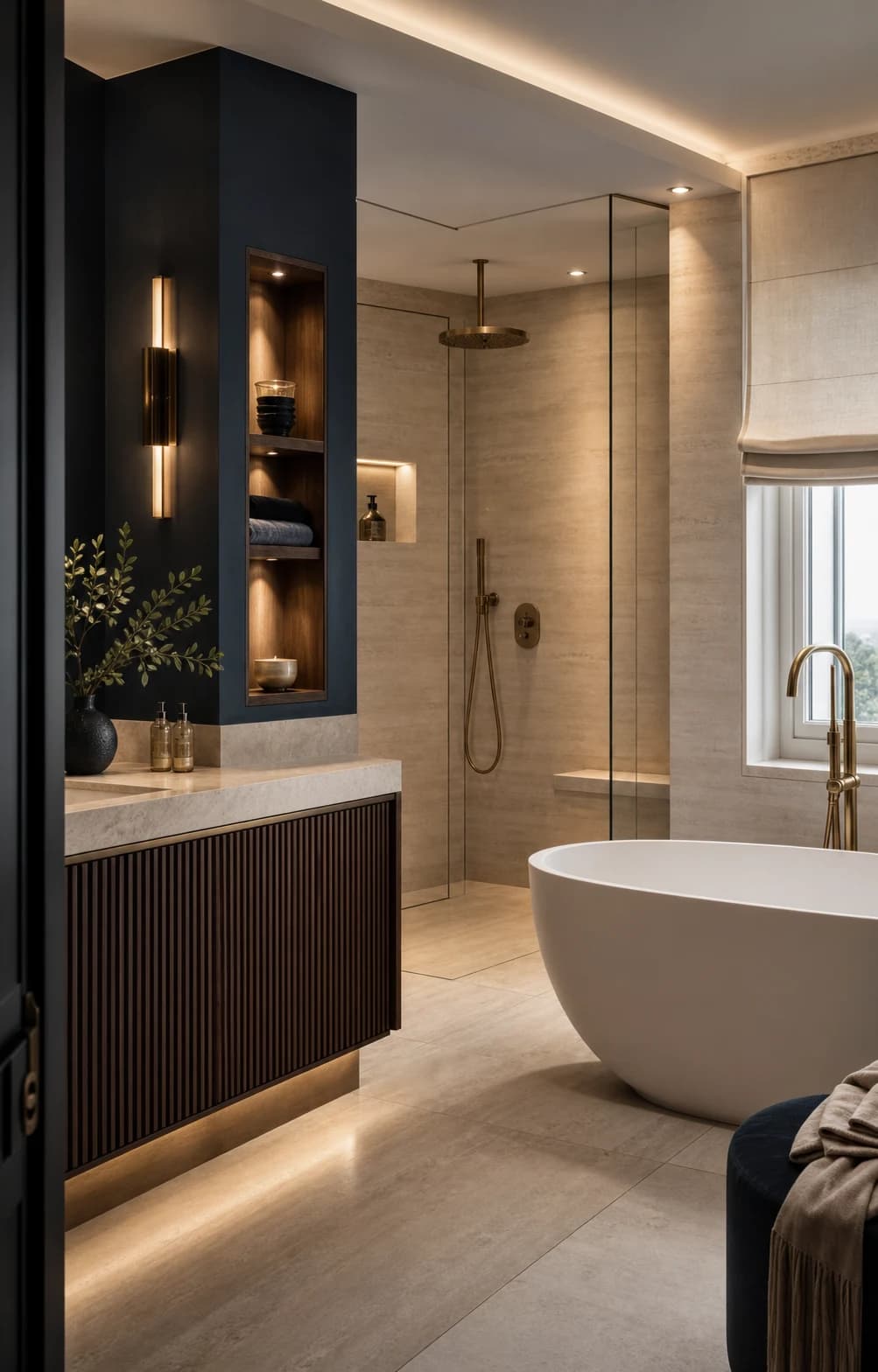 Conceptual editorial view of a bespoke stone bathroom with deep navy and brass details