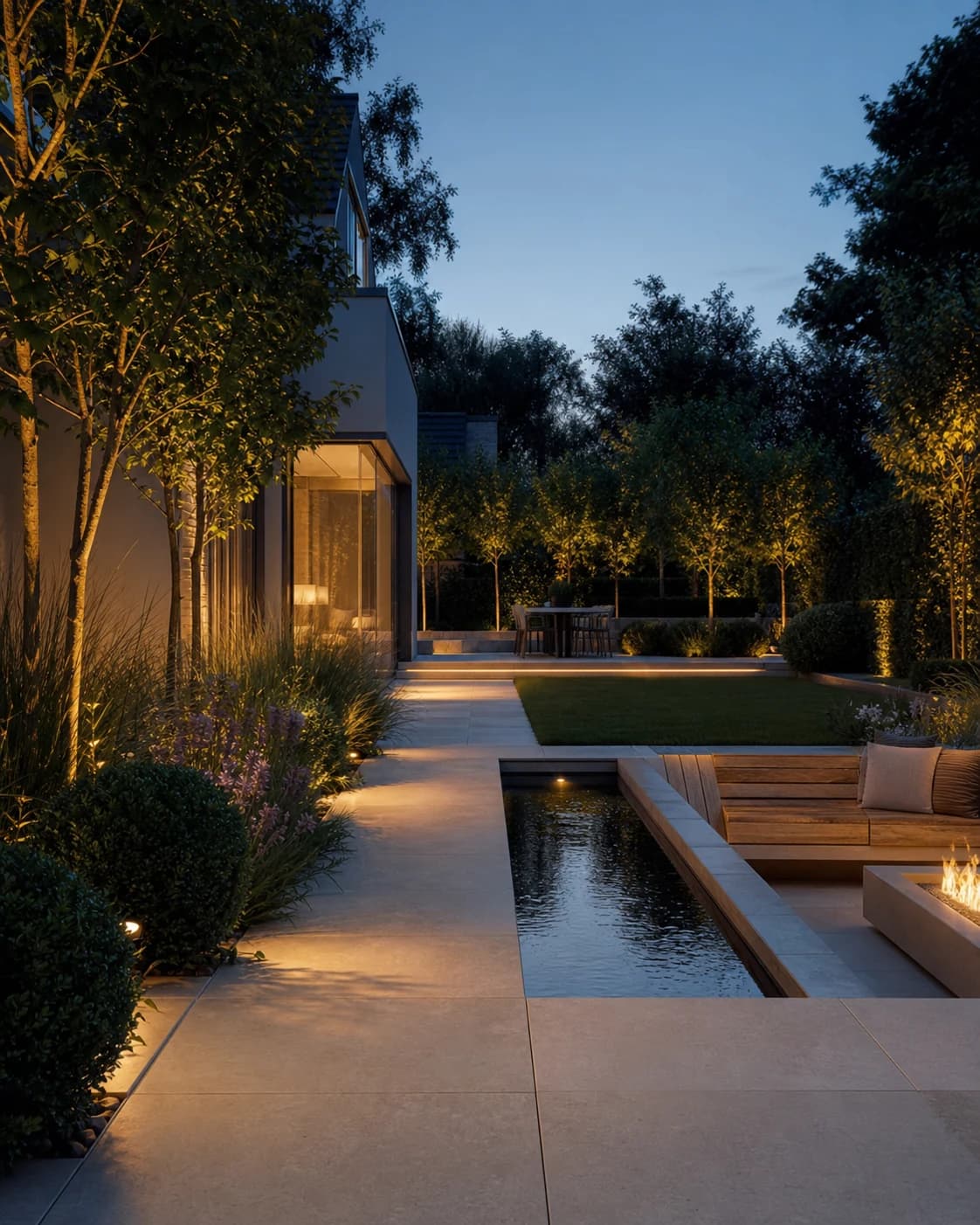 Conceptual editorial view of a limestone patio and architectural garden at blue hour