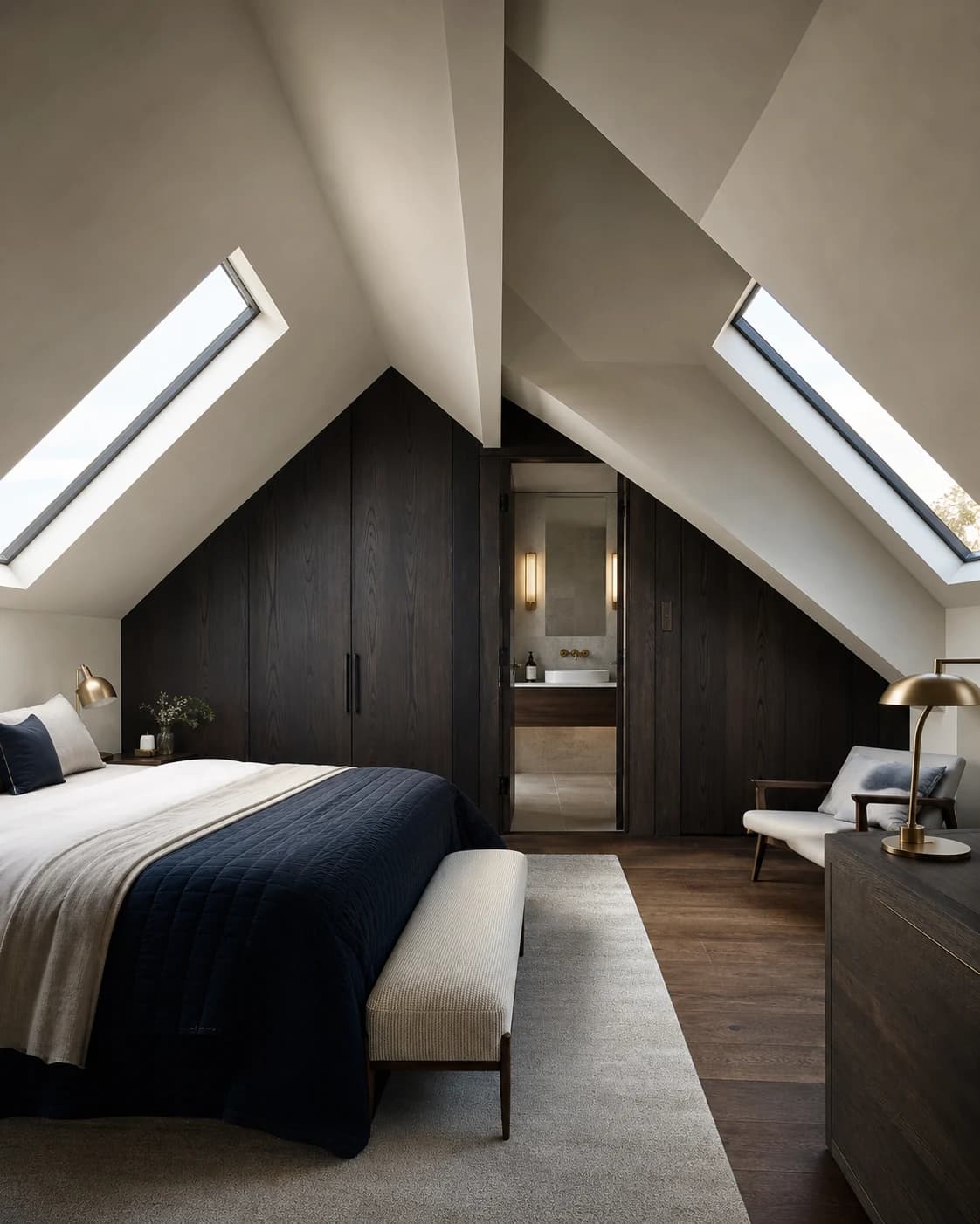 Conceptual editorial view of a bespoke loft suite with rooflights and dark oak joinery
