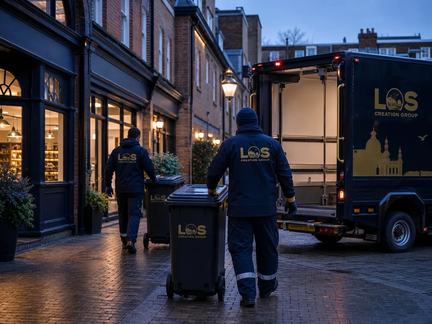 Editorial concept of a scheduled commercial bin collection at a British mixed-use property
