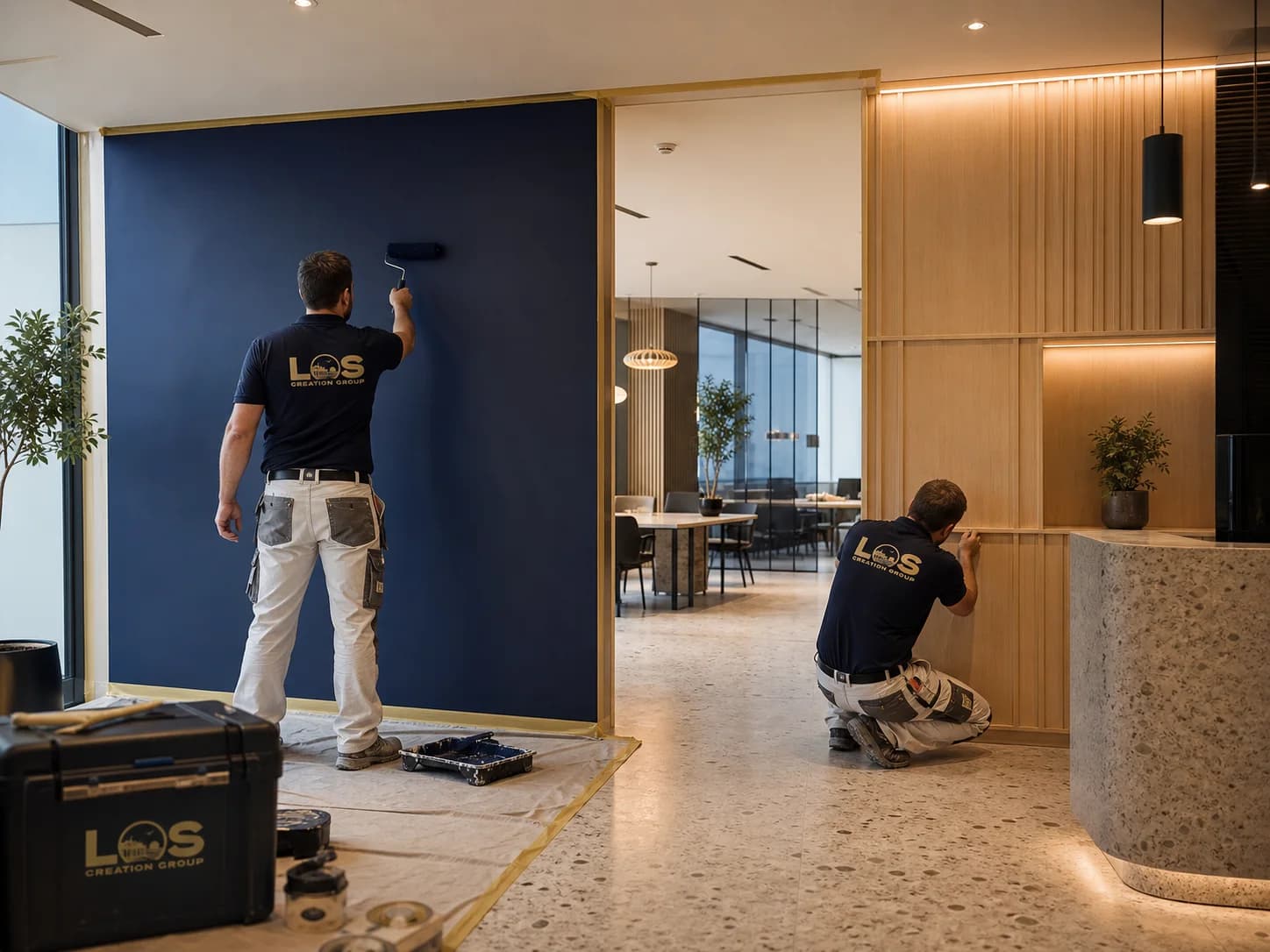 Editorial concept of decorators completing a premium commercial interior in Essex or London