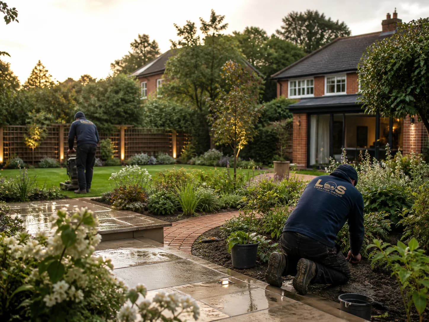 Editorial concept of landscapers completing a refined family garden makeover in Essex