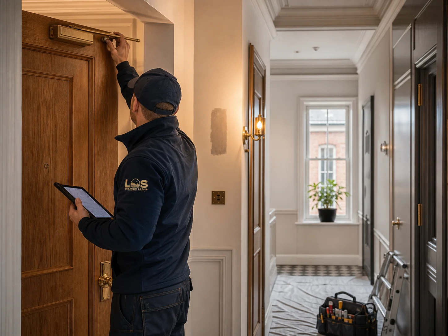 Editorial concept of a property-maintenance technician servicing a managed British residential building