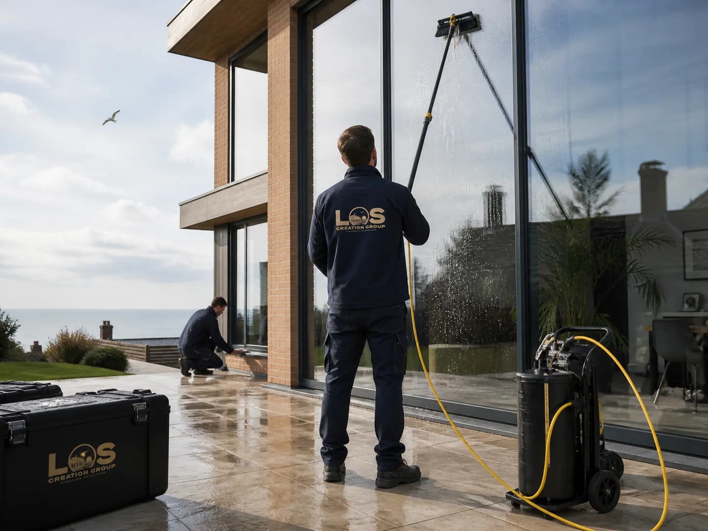 Editorial concept of a professional water-fed-pole window-cleaning service at a coastal Essex home